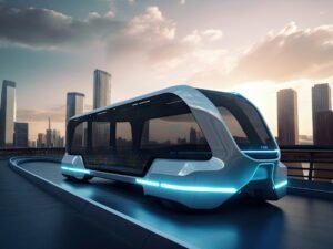 Exploring the Latest Tech Trends 2 futuristic electric bus futuristic bridge with view city background