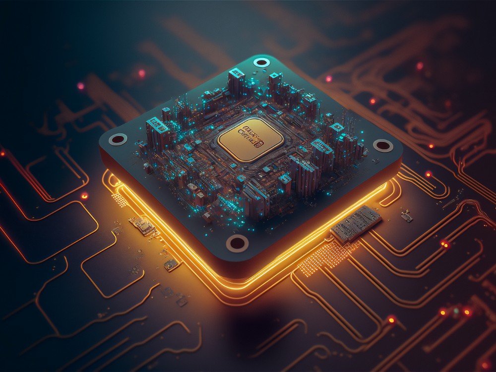 motherboard closeup technology integrated microchip circuit board computer processor with neon light