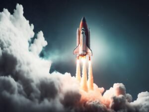 Science's Role in Protecting Our Ecosystems 2 rocket launch startup with fire flames cloud smoke starry sky background airplane shuttle taking off into depths space spaceship trip atmosphere